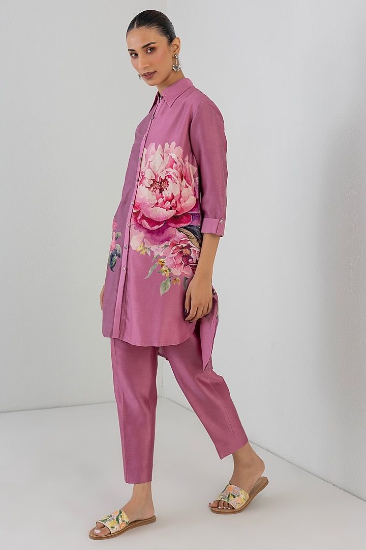 Blush Pink Silk Chanderi Floral Printed Shirt by Anju Modi at Pernia's Pop Up Shop