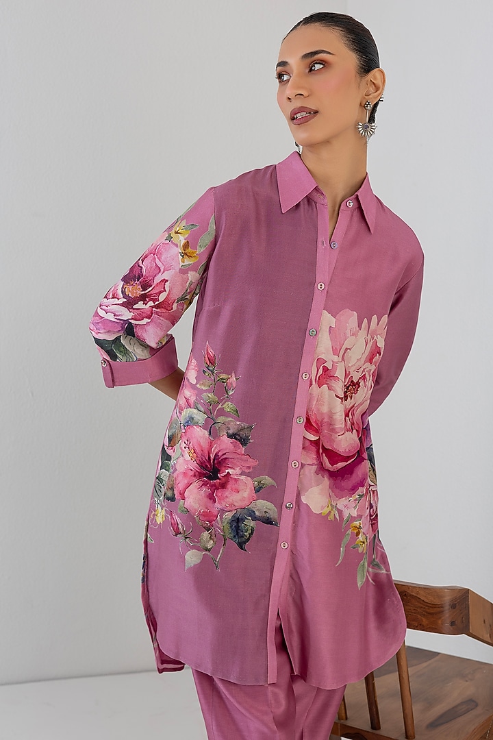 Blush Pink Silk Chanderi Floral Printed Shirt by Anju Modi at Pernia's Pop Up Shop