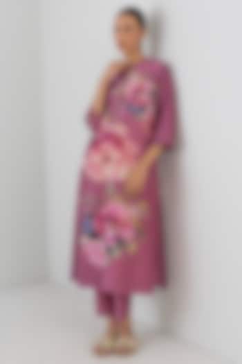 Fuchsia Pink Silk Chanderi Floral Printed Tunic by Anju Modi at Pernia's Pop Up Shop