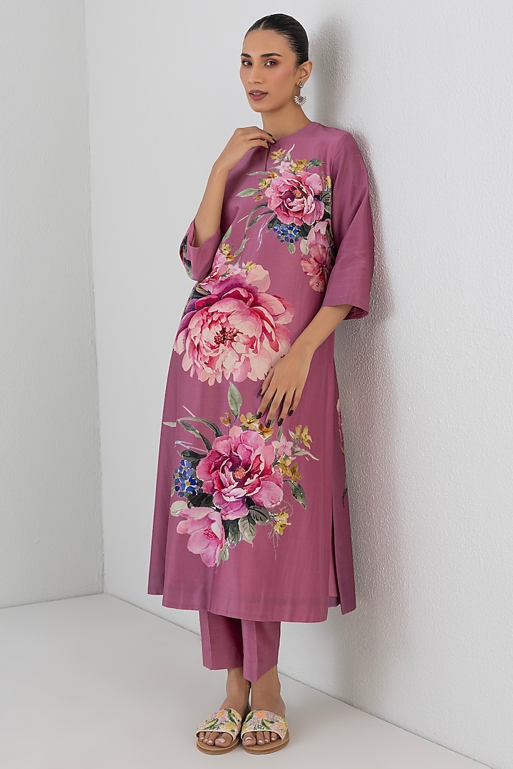 Fuchsia Pink Silk Chanderi Floral Printed Tunic by Anju Modi at Pernia's Pop Up Shop