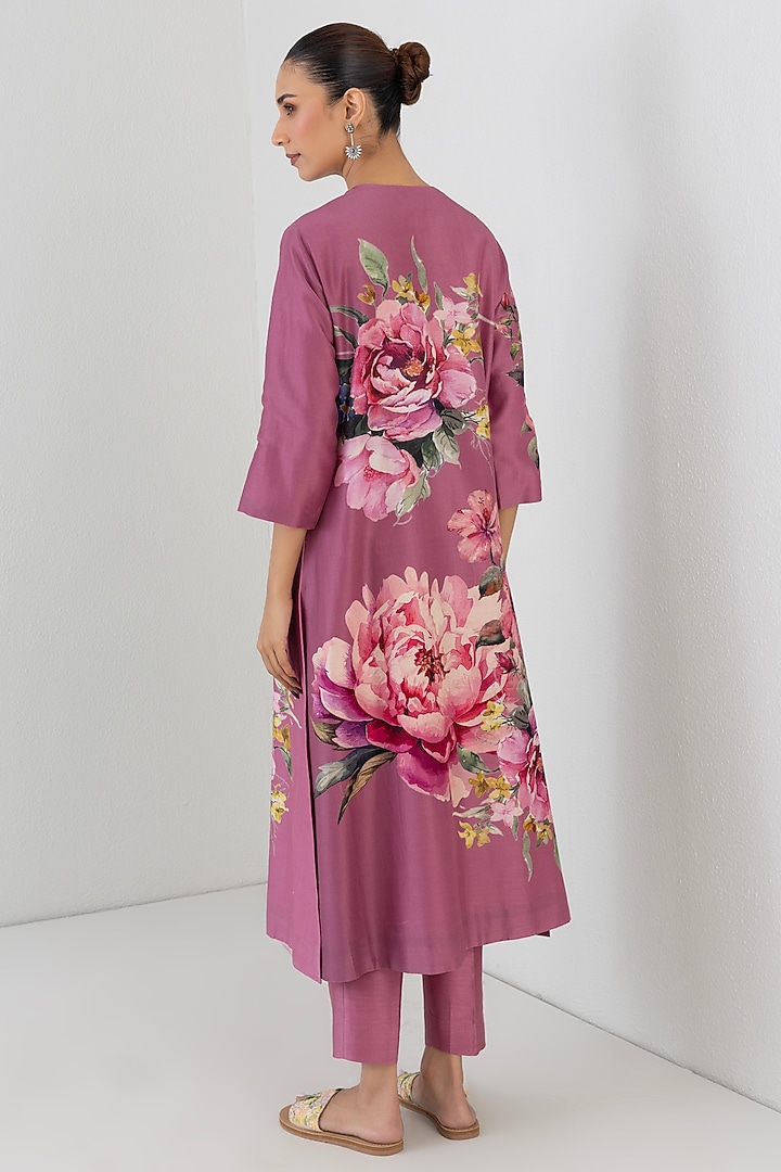 Fuchsia Pink Silk Chanderi Floral Printed Tunic by Anju Modi at Pernia's Pop Up Shop