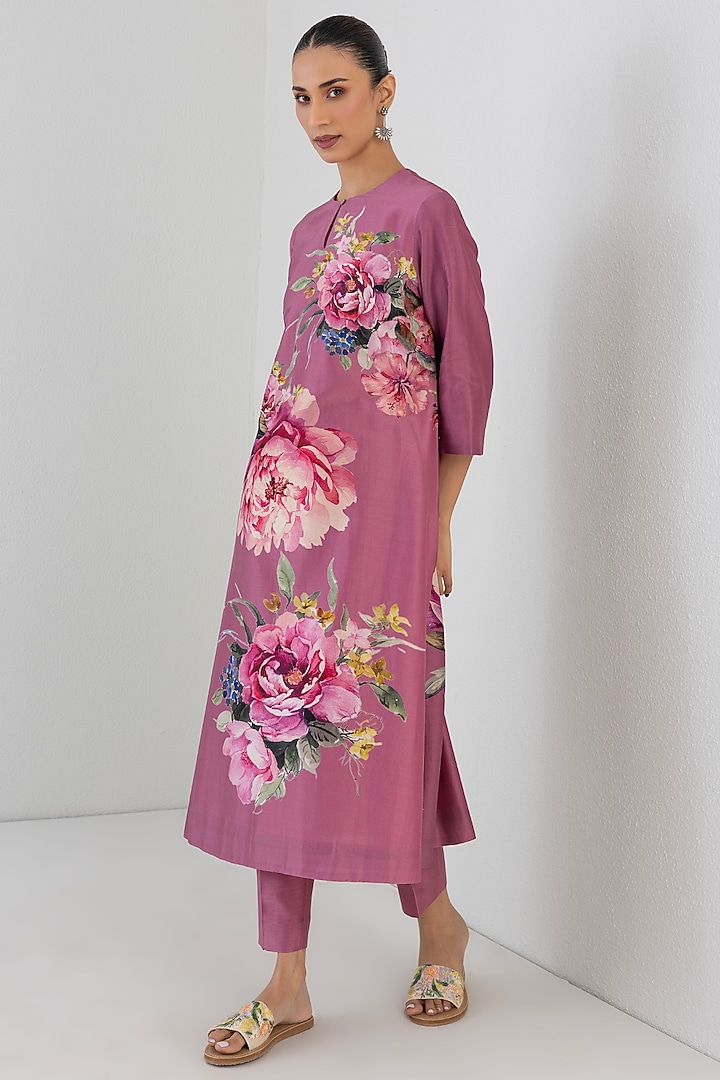 Fuchsia Pink Silk Chanderi Floral Printed Tunic by Anju Modi at Pernia's Pop Up Shop