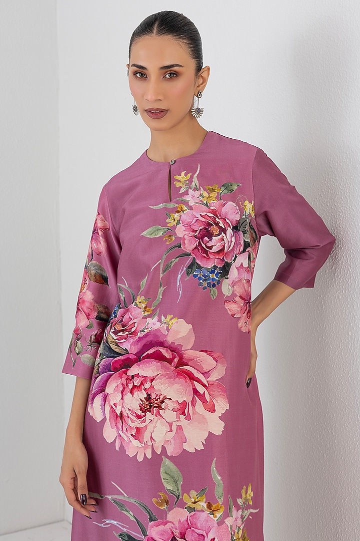 Fuchsia Pink Silk Chanderi Floral Printed Tunic by Anju Modi at Pernia's Pop Up Shop