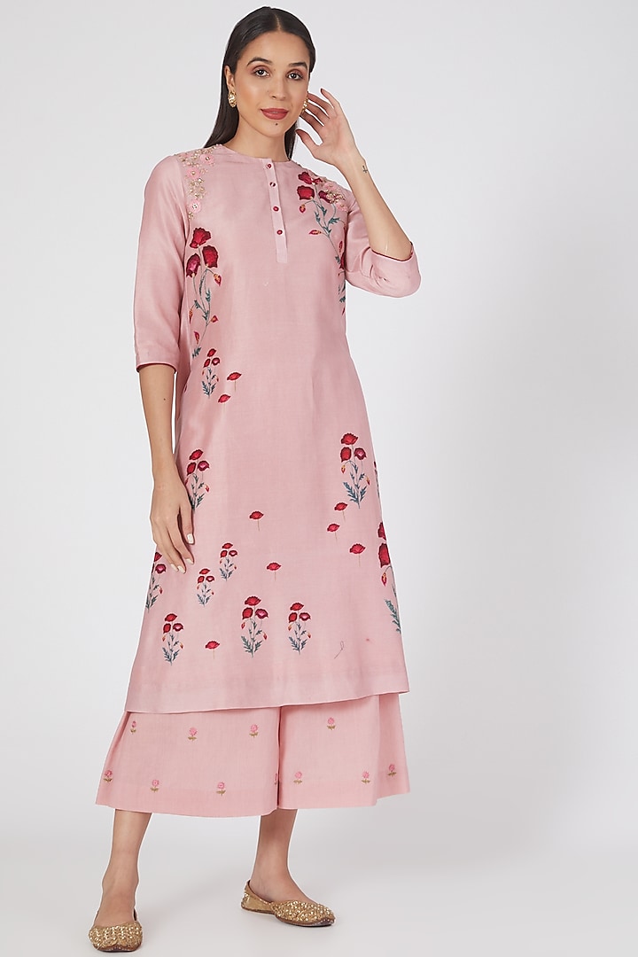 Onion Pink Printed & Embroidered Kurta Set by Anju Modi