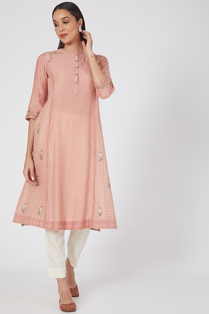 Old Rose Floral Embroidered Kurta by Anju Modi