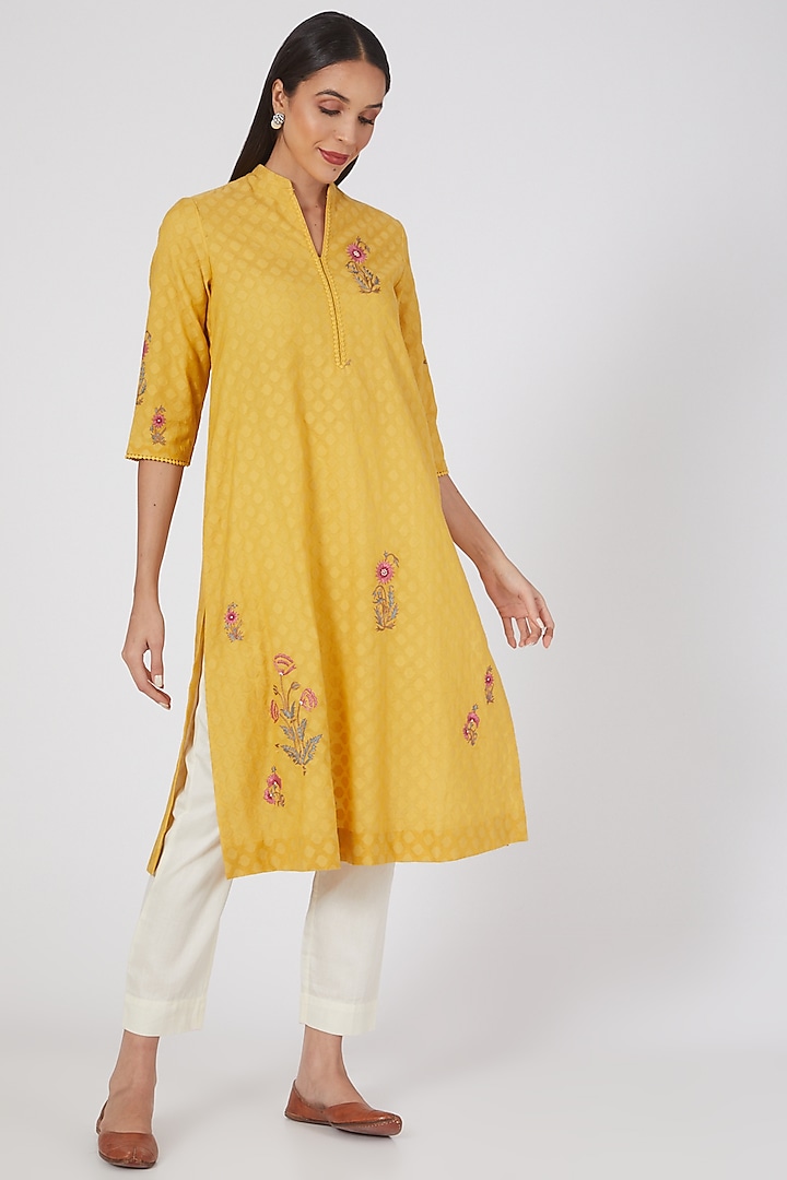 Yellow Floral Embroidered Straight Kurta Set by Anju Modi