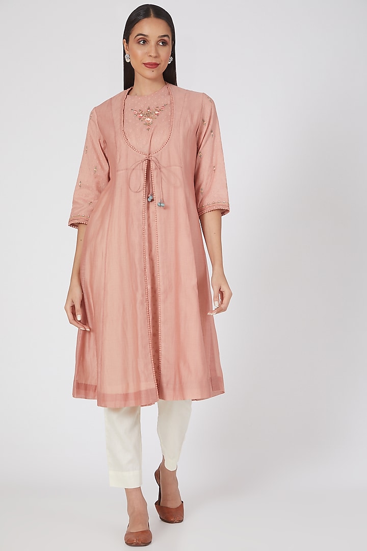 Old Rose Embroidered Double Layered Kurta by Anju Modi