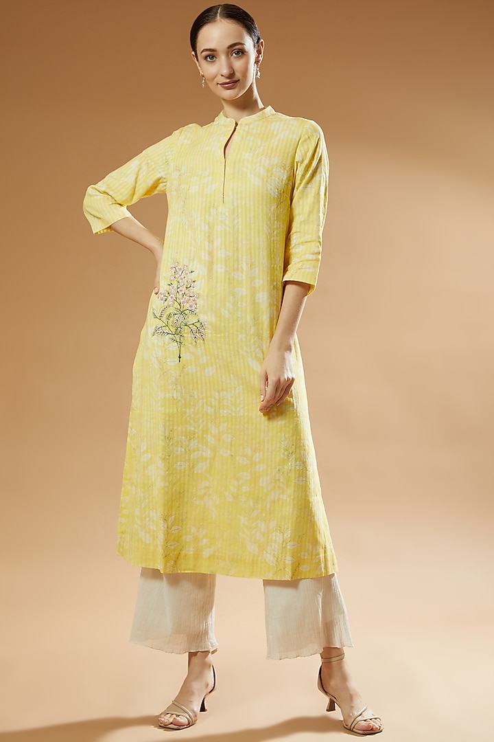 Lemon Yellow Printed Straight Kurta by Anju Modi