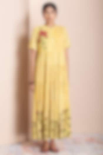 Lemon Yellow Printed Tiered Dress by Anju Modi