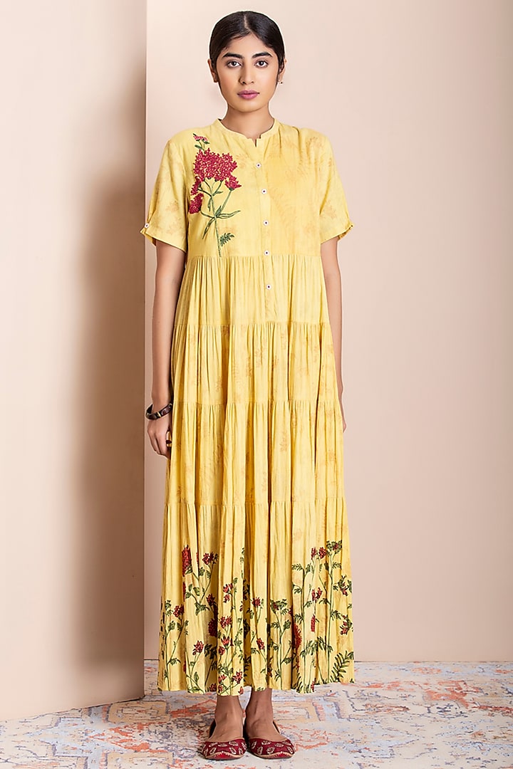 Lemon Yellow Printed Tiered Dress by Anju Modi