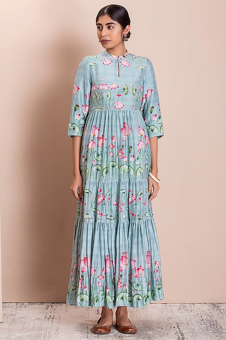 Aqua Dress With Print by Anju Modi