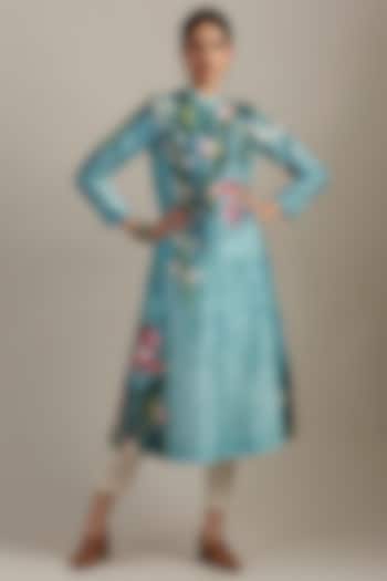 Aqua Blue Silk Chanderi Floral Printed Kurta by Anju Modi at Pernia's Pop Up Shop