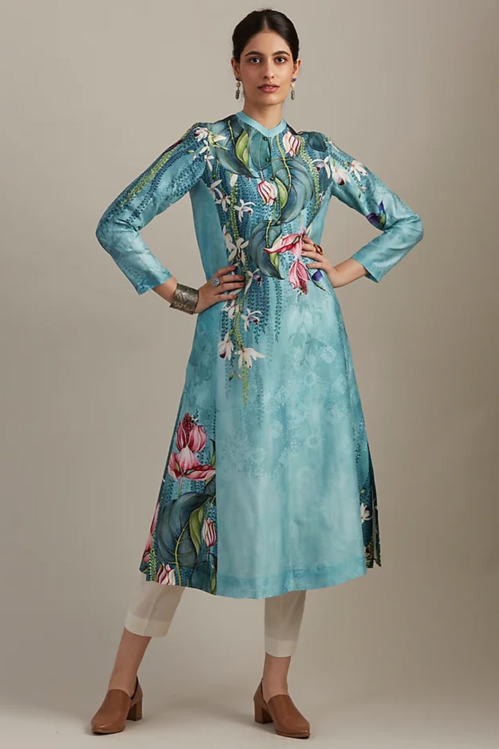 Aqua Blue Silk Chanderi Floral Printed Kurta by Anju Modi at Pernia's Pop Up Shop