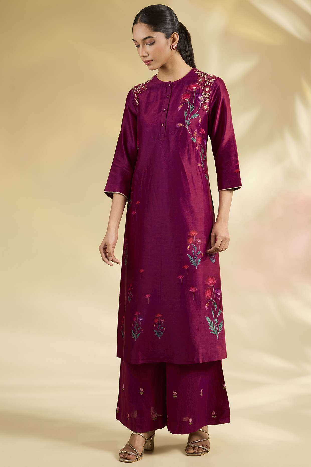 Ruby Red Silk Chanderi Printed & Embroidered Kurta Set by Anju Modi at Pernia's Pop Up Shop