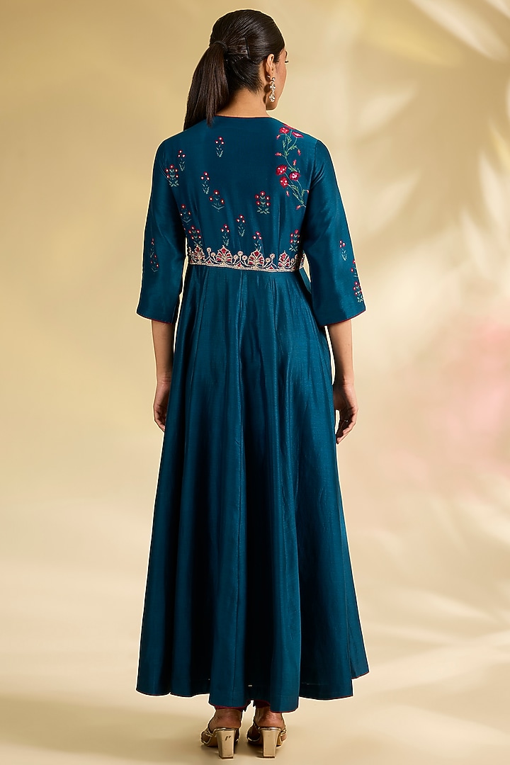 Midnight Blue Silk Chanderi Printed & Embroidered Wedding Anarkali Set by Anju Modi at Pernia's Pop Up Shop
