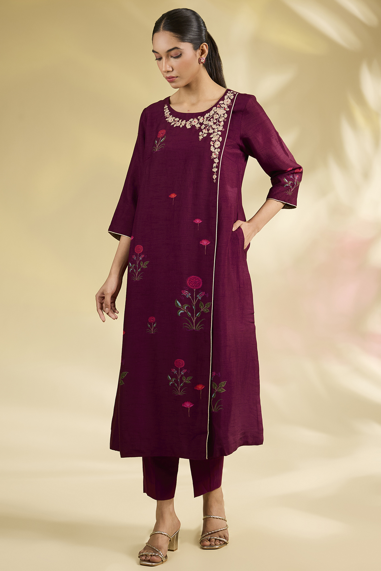 Ruby Red Silk Dupion Floral Printed & Embroidered Kurta Set by Anju Modi at Pernia's Pop Up Shop