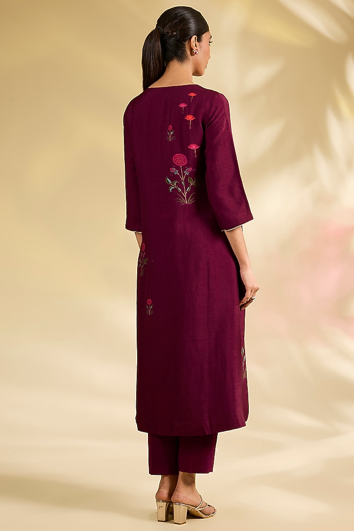 Ruby Red Silk Dupion Floral Printed & Embroidered Kurta Set by Anju Modi at Pernia's Pop Up Shop
