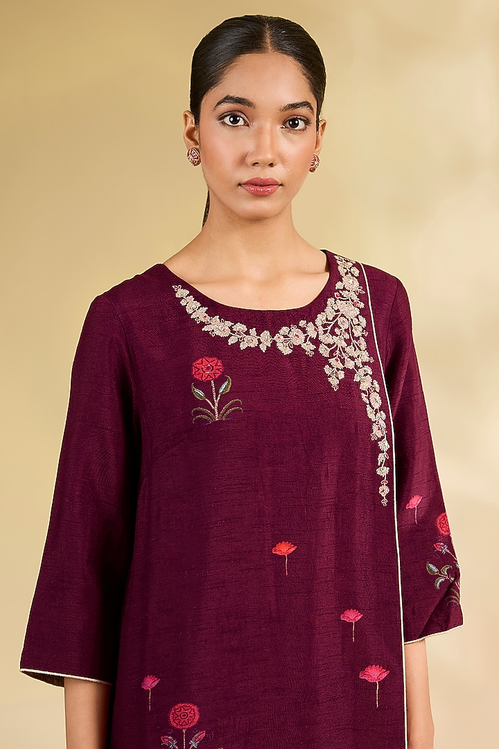 Ruby Red Silk Dupion Floral Printed & Embroidered Kurta Set by Anju Modi at Pernia's Pop Up Shop