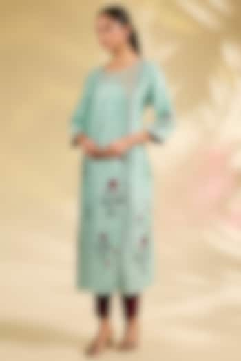 Aqua Blue Silk Dupion Floral Printed & Embroidered Kurta Set by Anju Modi at Pernia's Pop Up Shop