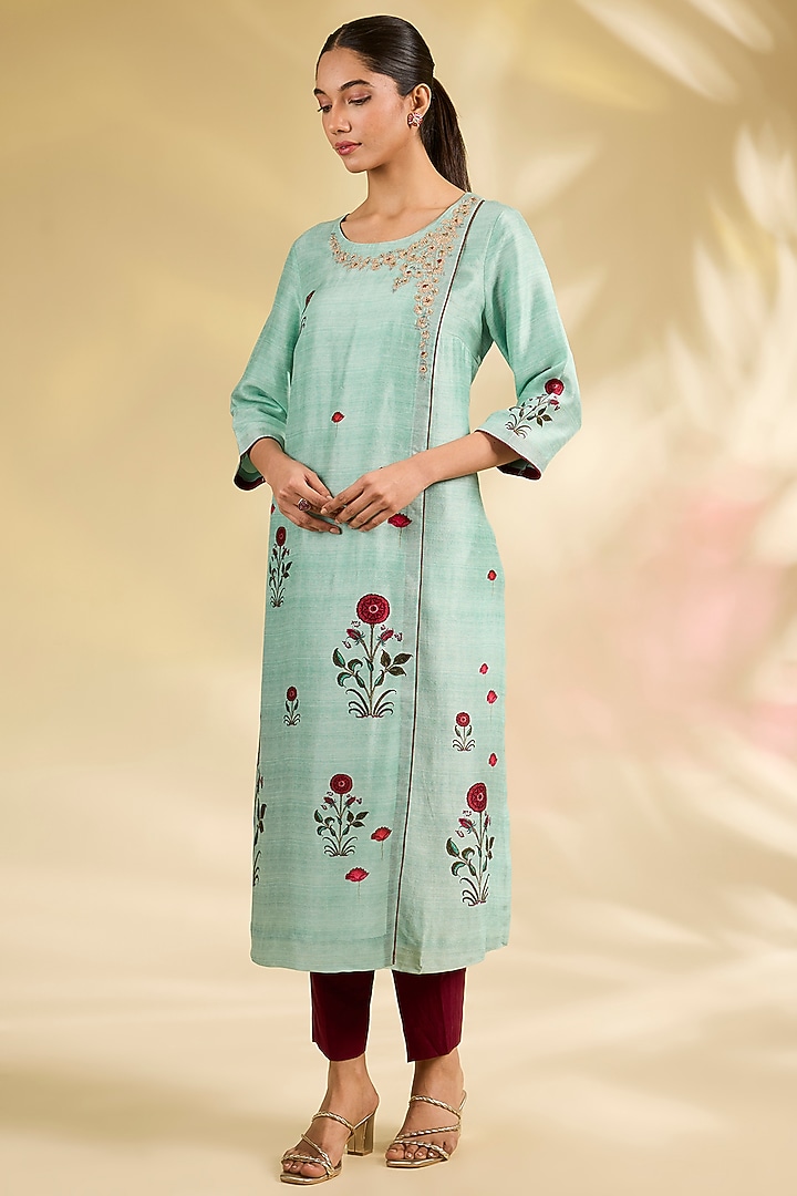Aqua Blue Silk Dupion Floral Printed & Embroidered Kurta Set by Anju Modi at Pernia's Pop Up Shop