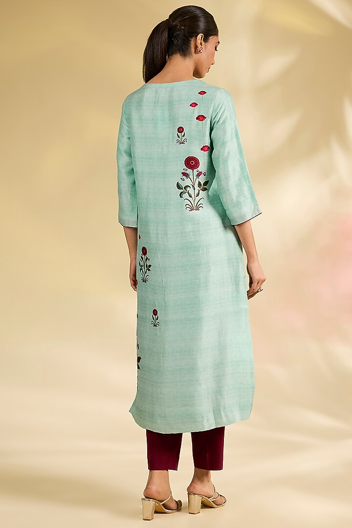 Aqua Blue Silk Dupion Floral Printed & Embroidered Kurta Set by Anju Modi at Pernia's Pop Up Shop