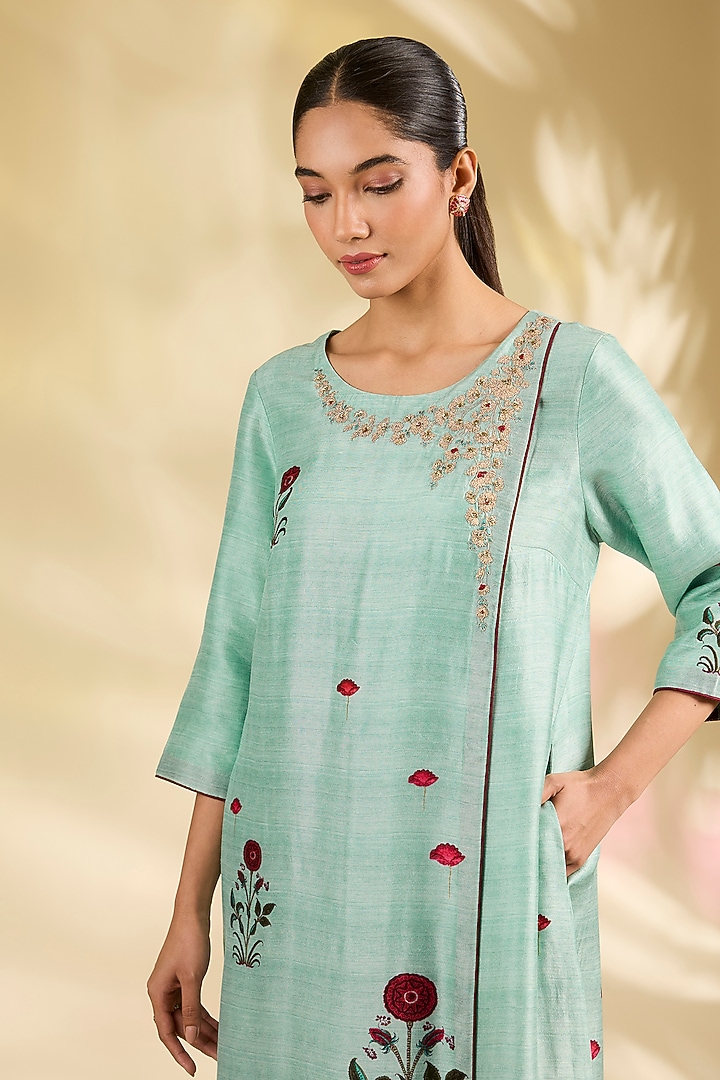 Aqua Blue Silk Dupion Floral Printed & Embroidered Kurta Set by Anju Modi at Pernia's Pop Up Shop