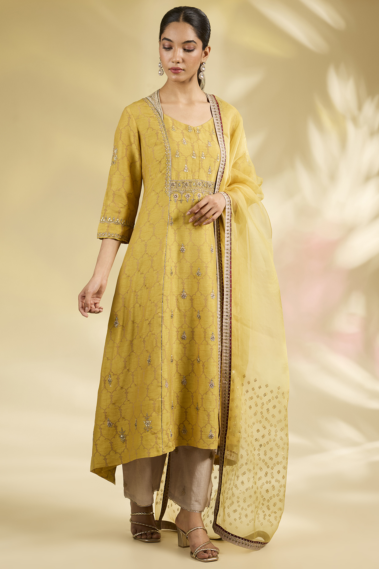 Yellow Chanderi Printed & Embroidered Kurta Set by Anju Modi at Pernia's Pop Up Shop