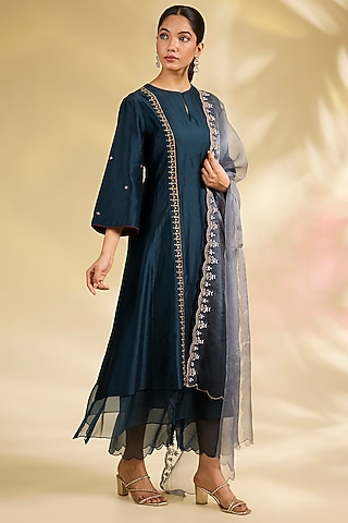 Midnight Blue Silk Chanderi Embroidered Layered Kurta Set by Anju Modi