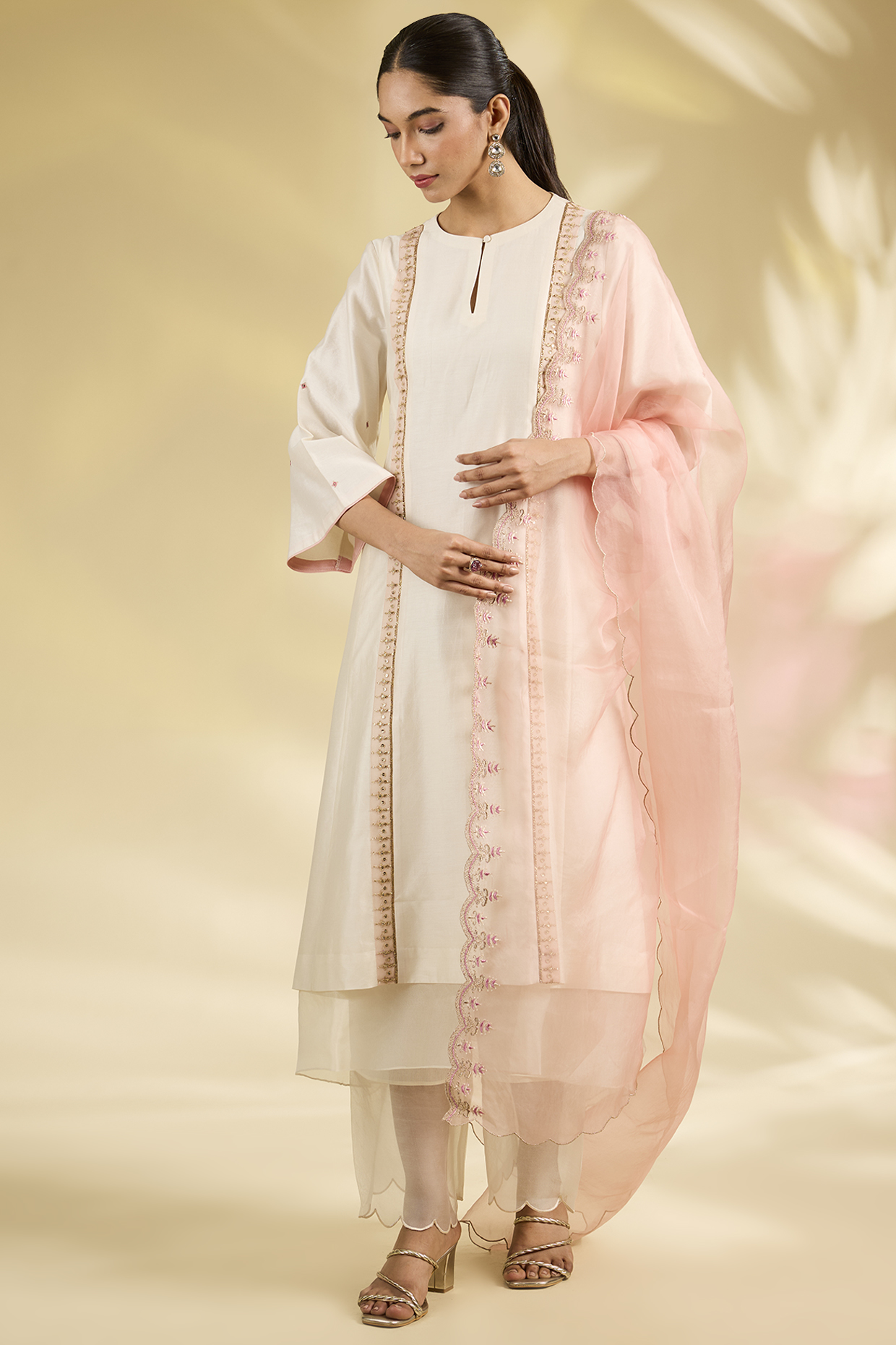 Ivory Silk Chanderi Embroidered Layered Kurta Set by Anju Modi at Pernia's Pop Up Shop