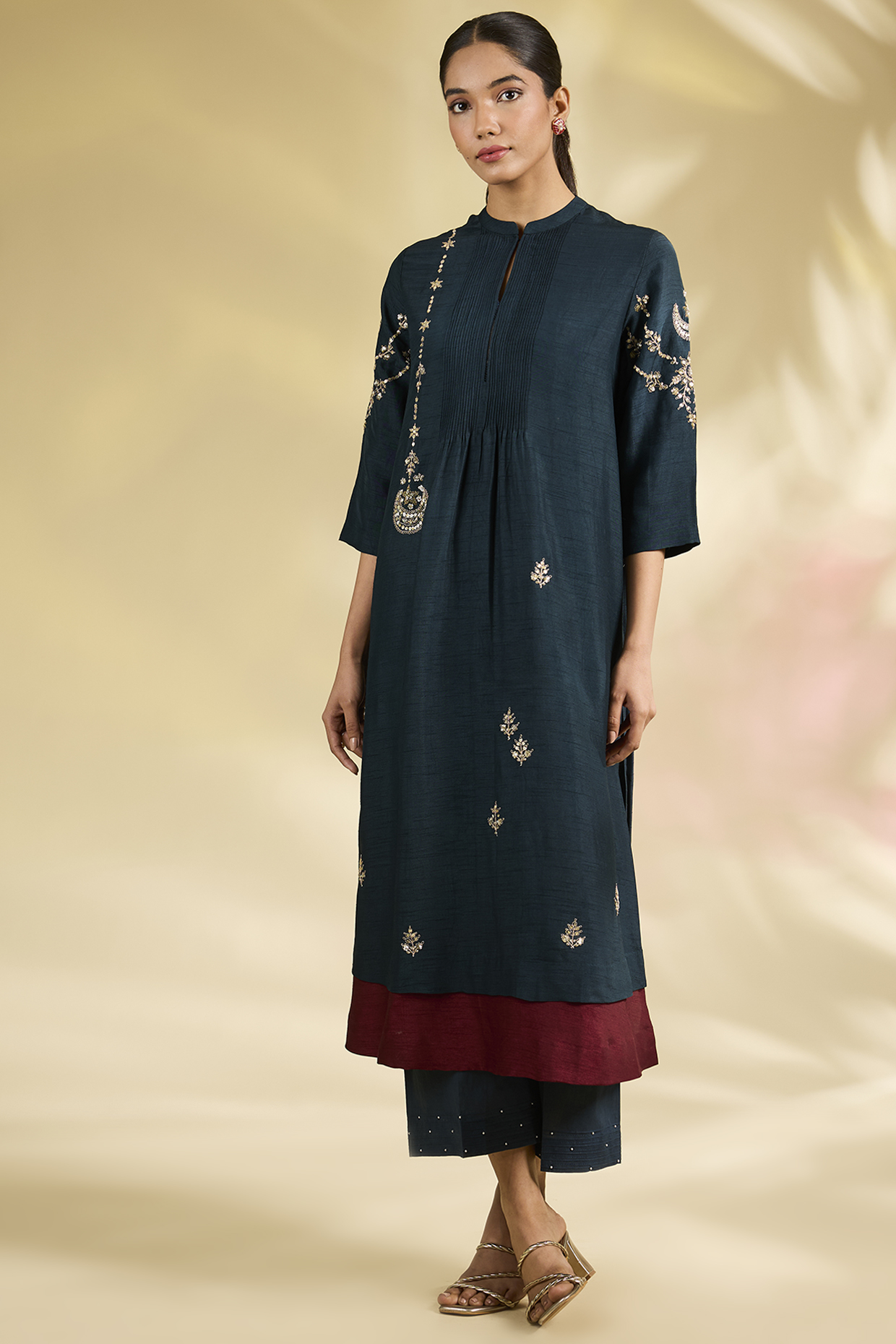 Midnight Blue Silk Dupion Motif Embroidered Layered Kurta Set by Anju Modi at Pernia's Pop Up Shop