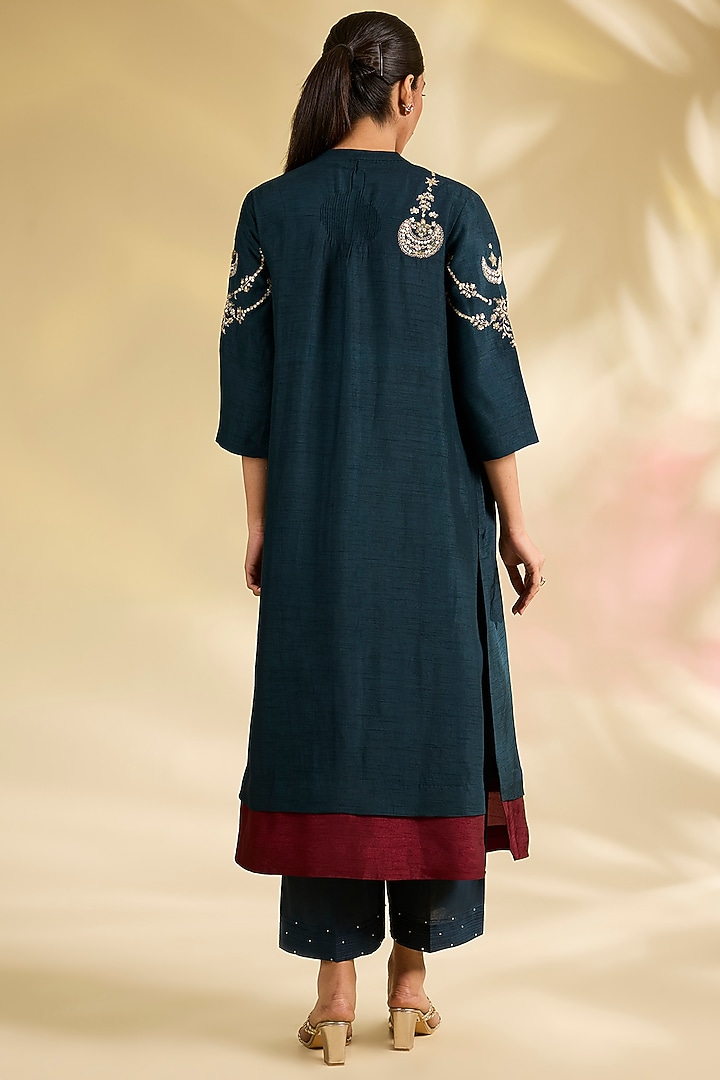 Midnight Blue Silk Dupion Motif Embroidered Layered Kurta Set by Anju Modi at Pernia's Pop Up Shop