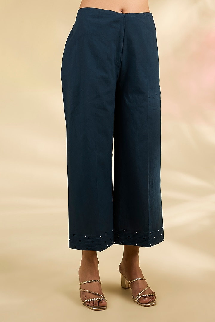 Midnight Blue Silk Dupion Motif Embroidered Layered Kurta Set by Anju Modi at Pernia's Pop Up Shop