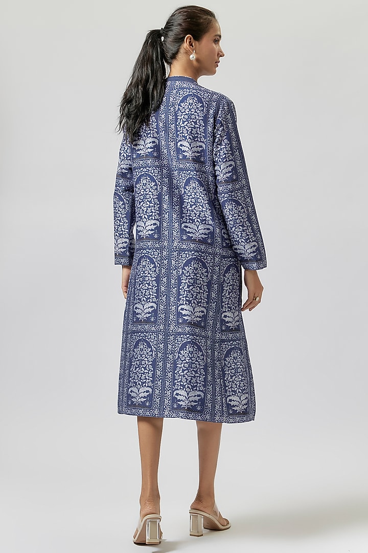 Blue Silk Chanderi Digital Printed Tunic by Anju Modi at Pernia's Pop Up Shop
