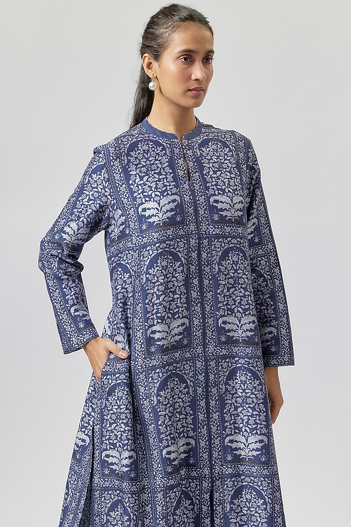 Blue Silk Chanderi Digital Printed Tunic by Anju Modi at Pernia's Pop Up Shop