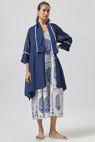 Ivory Silk Chanderi Digital Printed Jumpsuit With Cape by Anju Modi