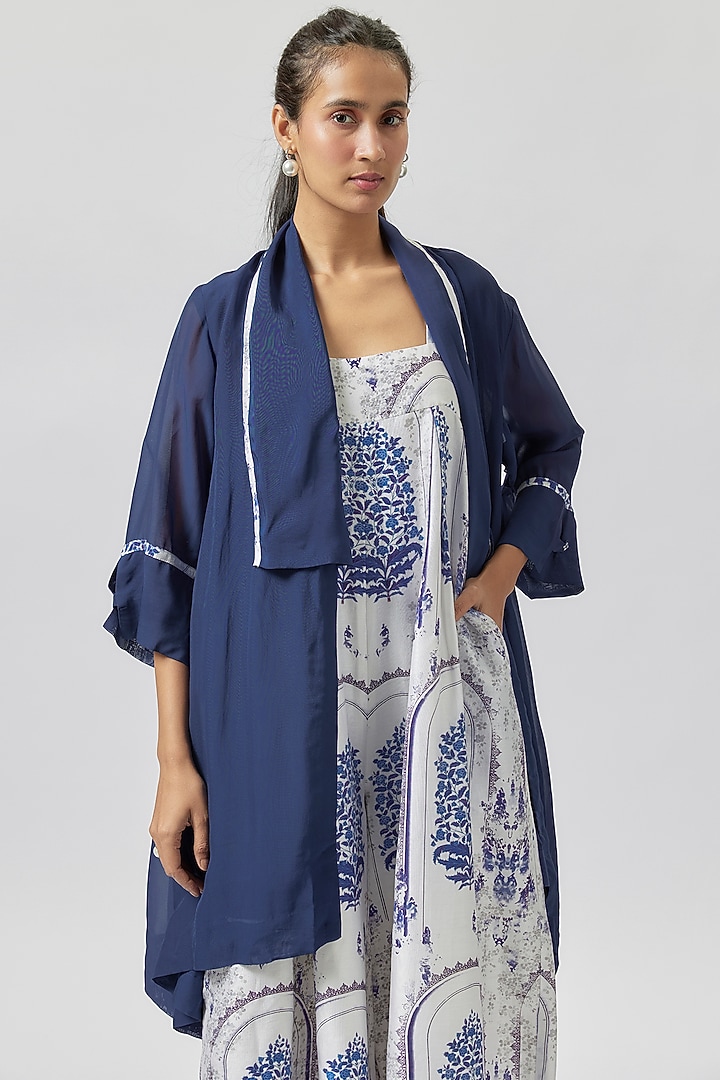 Ivory Silk Chanderi Digital Printed Jumpsuit With Cape by Anju Modi at Pernia's Pop Up Shop