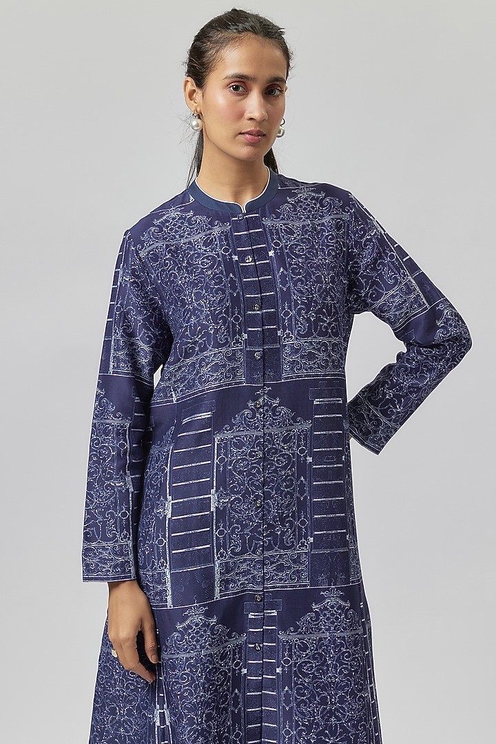 Blue Silk Chanderi Digital Printed Tunic by Anju Modi at Pernia's Pop Up Shop