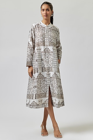 Ivory Silk Chanderi Digital Printed Tunic by Anju Modi