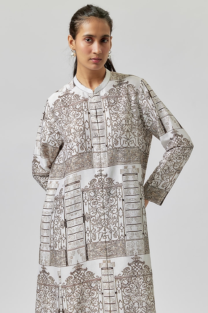 Ivory Silk Chanderi Digital Printed Tunic by Anju Modi at Pernia's Pop Up Shop