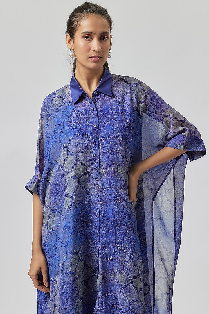 Blue Silk Organza Digital Printed Kaftan With Dress by Anju Modi at Pernia's Pop Up Shop