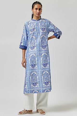 Ivory Silk Chanderi Digital Printed Tunic by Anju Modi