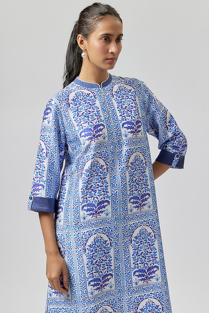 Ivory Silk Chanderi Digital Printed Tunic by Anju Modi at Pernia's Pop Up Shop