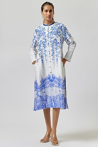 Ivory Silk Chanderi Digital Printed Tunic by Anju Modi