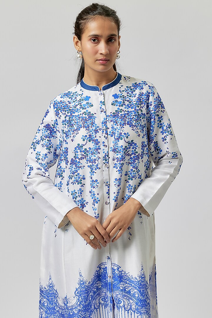 Ivory Silk Chanderi Digital Printed Tunic by Anju Modi at Pernia's Pop Up Shop