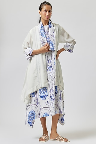 Ivory Silk Chanderi Digital Printed Tunic With Cape by Anju Modi
