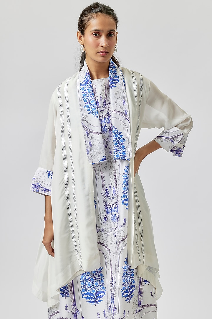 Ivory Silk Chanderi Digital Printed Tunic With Cape by Anju Modi at Pernia's Pop Up Shop