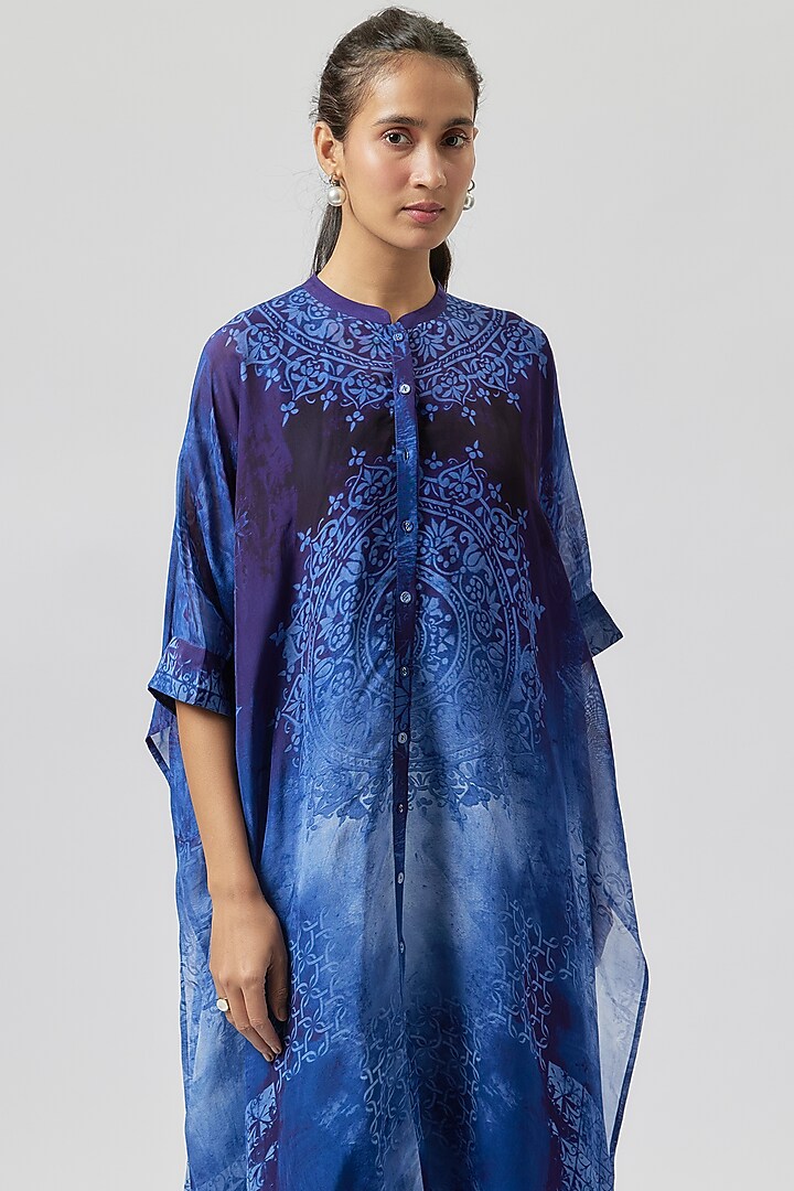 Blue Silk Organza Digital Printed Kaftan With Dress by Anju Modi at Pernia's Pop Up Shop