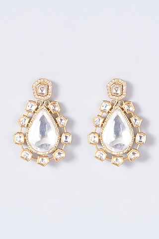 Gold Finish Kundan Polki Dangler Earrings by Anjali Jain Jewellery