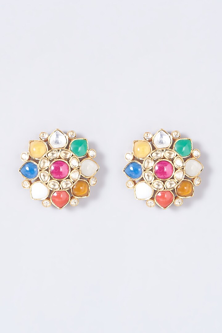 Gold Finish Navratna Stud Earrings by Anjali Jain Jewellery at Pernia's Pop Up Shop