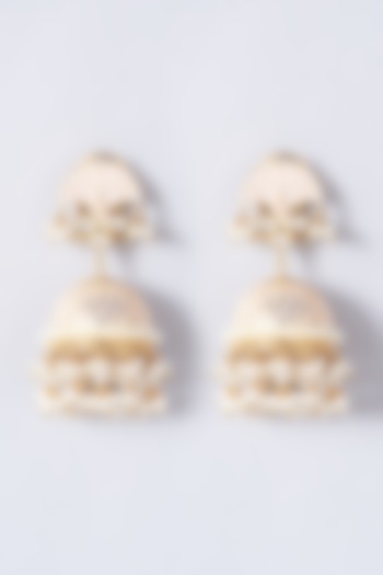 Gold Finish Pearl Enameled Jhumka Earrings by Anjali Jain Jewellery at Pernia's Pop Up Shop